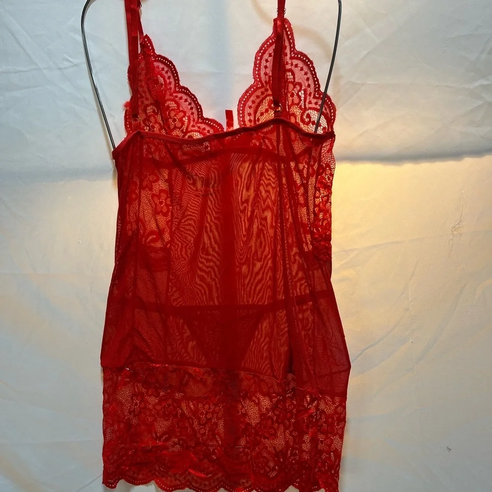 3/$30 Bundle •Red Lace Sheer Babydoll Lingerie Set with Thong Intimates Medium